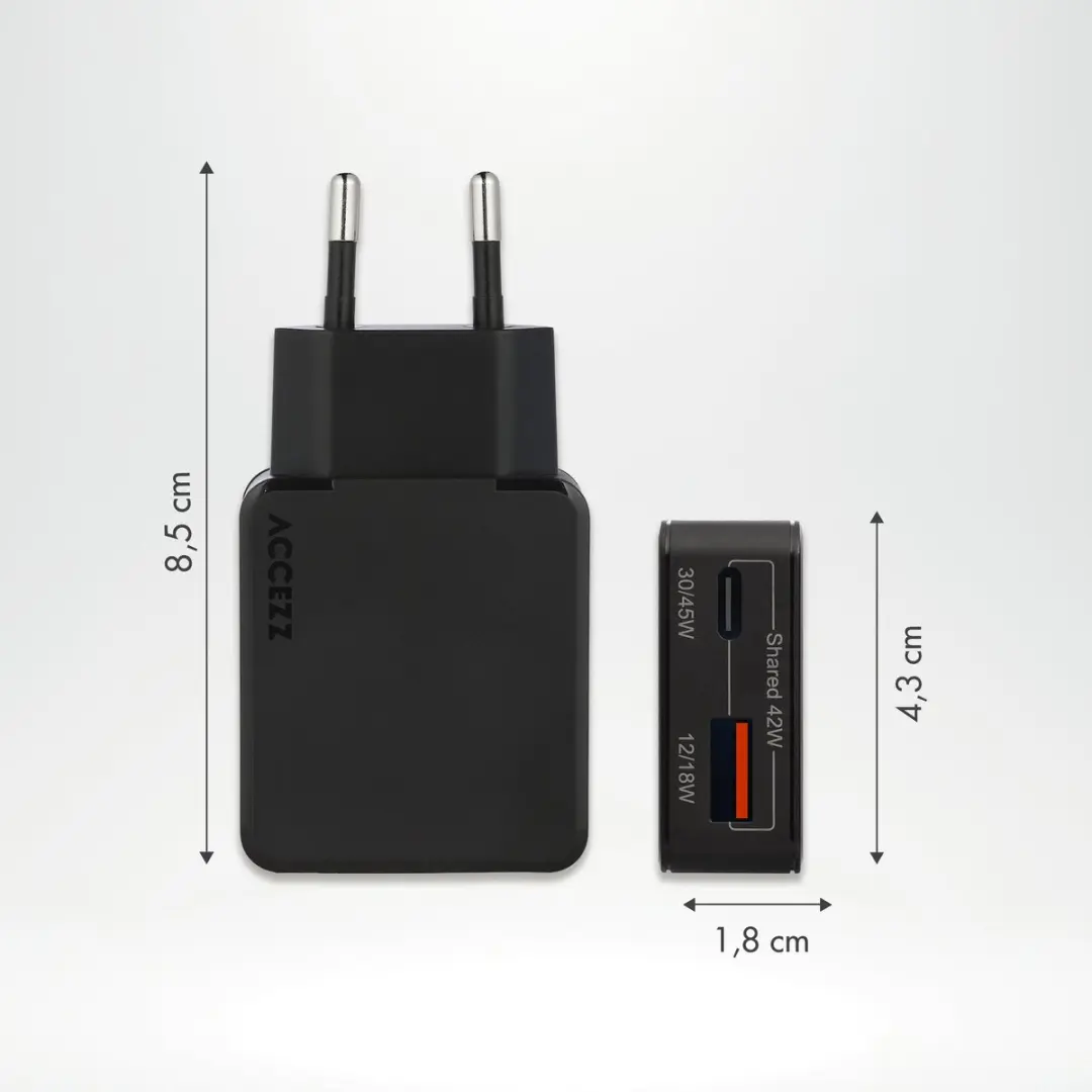 Accezz Ultra Slim GaN Oplader 45W - USB-C + USB-A - Zwart
