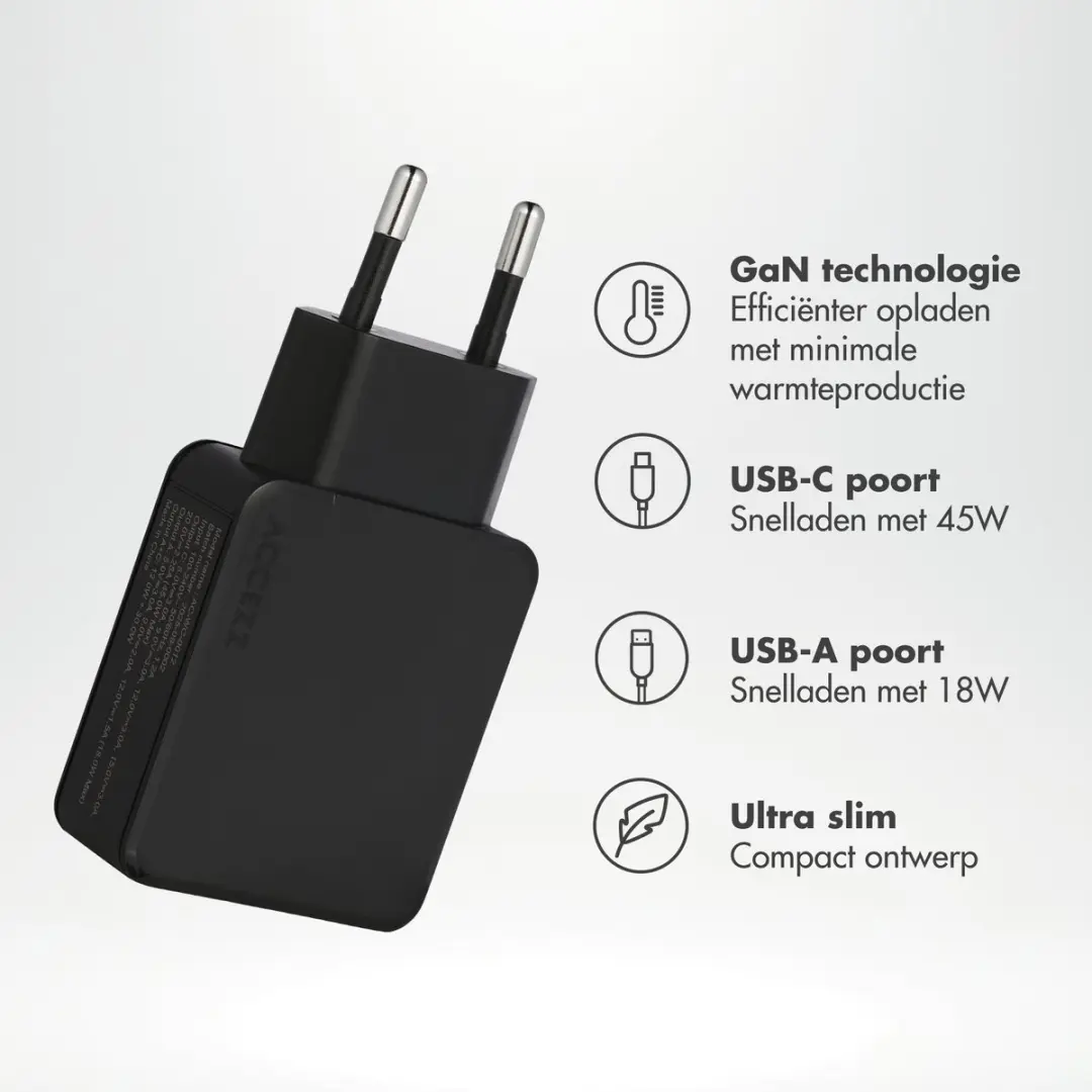 Accezz Ultra Slim GaN Oplader 45W - USB-C + USB-A - Zwart