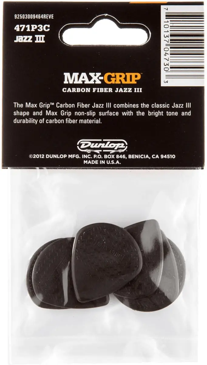 Dunlop 471P3C Max Grip Jazz III Carbon Fiber Plektrum - 6 Stuks - Grijs