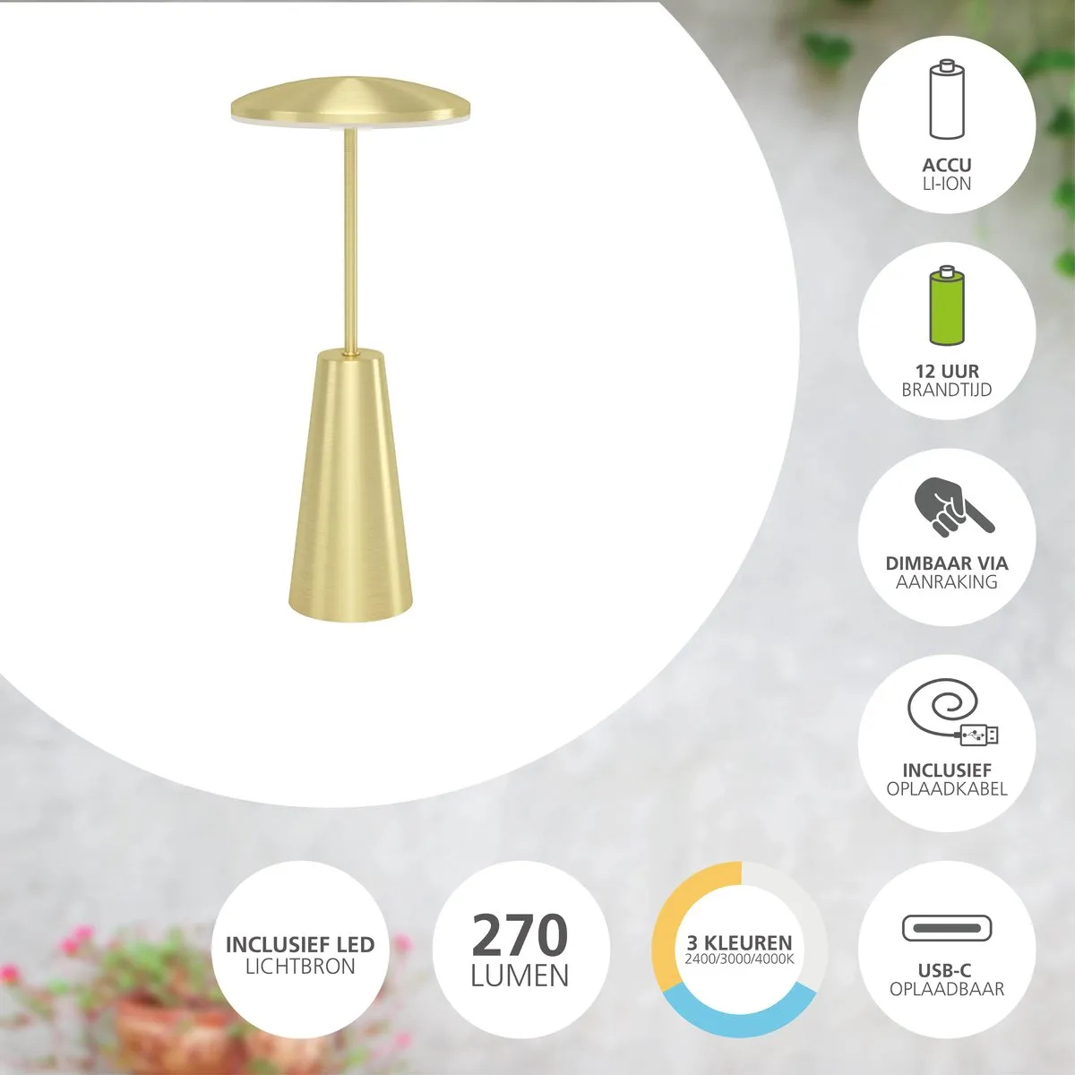 Eglo Piccola Oplaadbare Tafellamp - Goud - 28 cm - Instelbaar Wit Licht