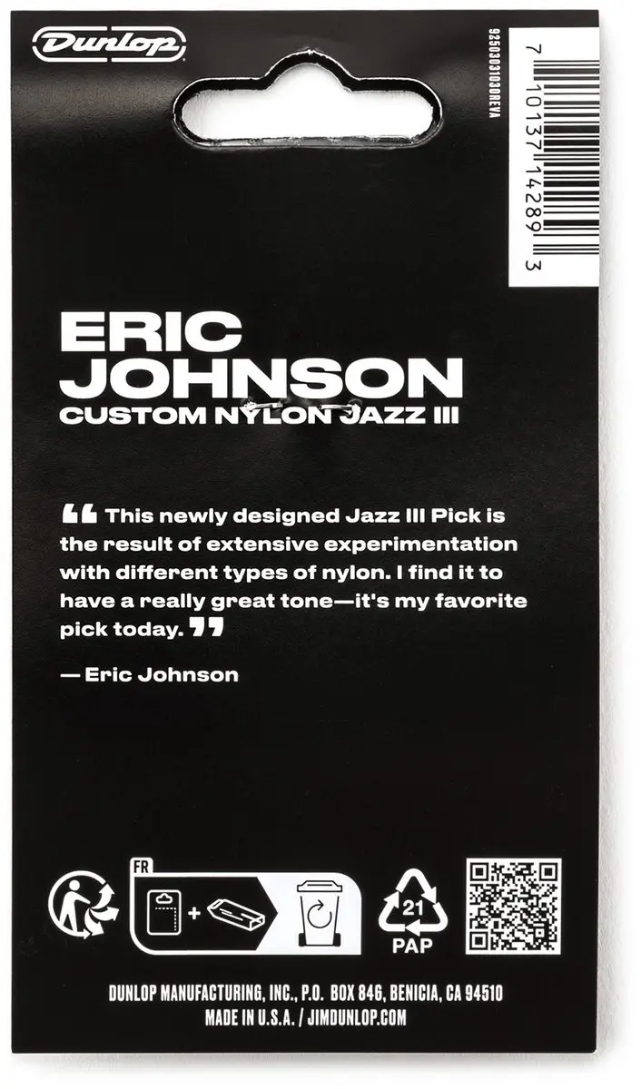 Dunlop Eric Johnson Nylon Jazz III Plectrum 1.38mm - 6 Stuks Wit