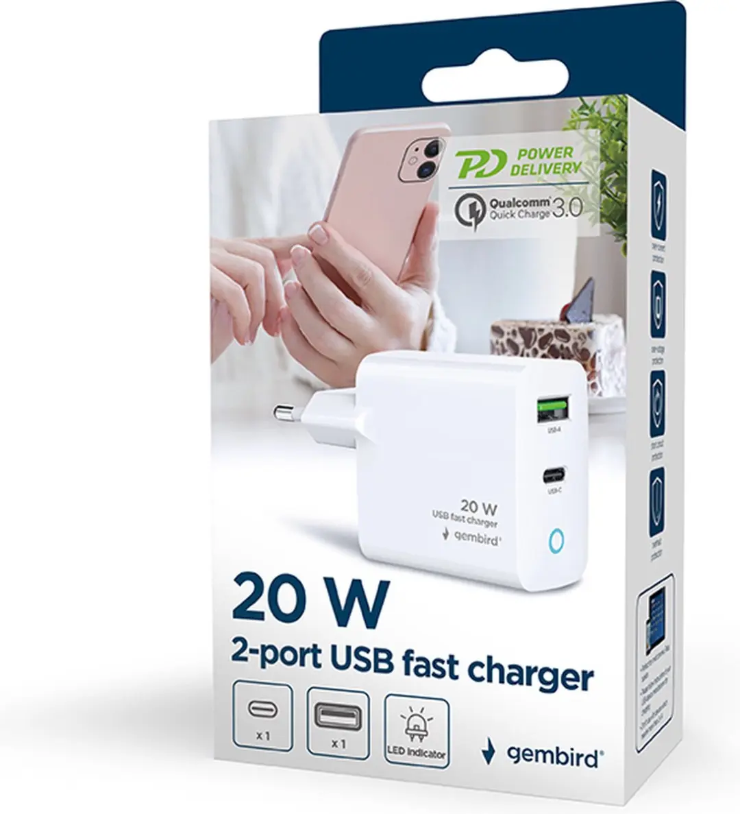 Gembird TA-UC-PDQC20L-W-01 USB-C Snellader 38W - 2 Poorten - Wit