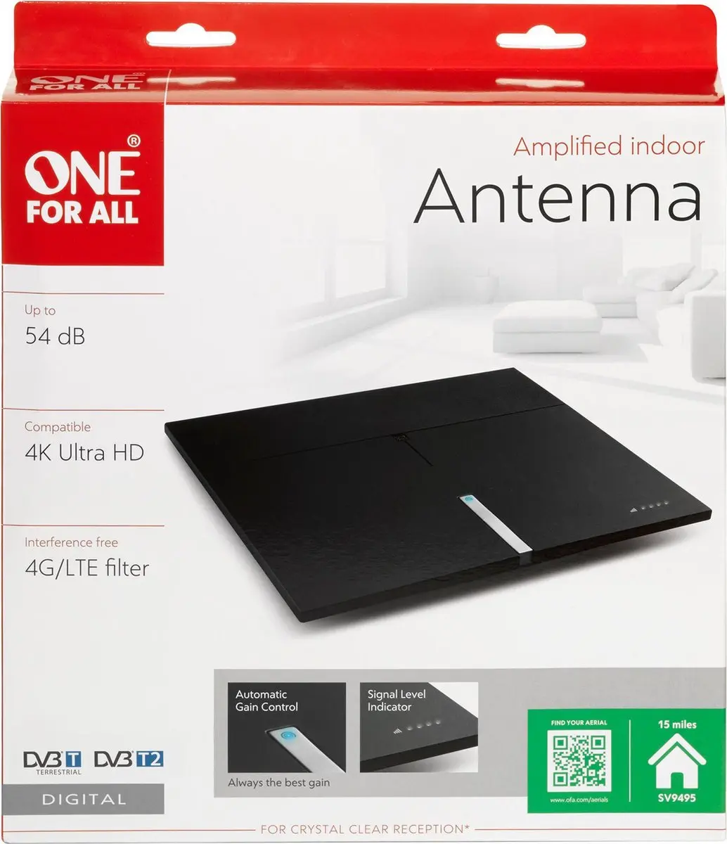 One For All SV9495 DVB-T/T2 Binnenantenne - 360° Versterkt - Zwart