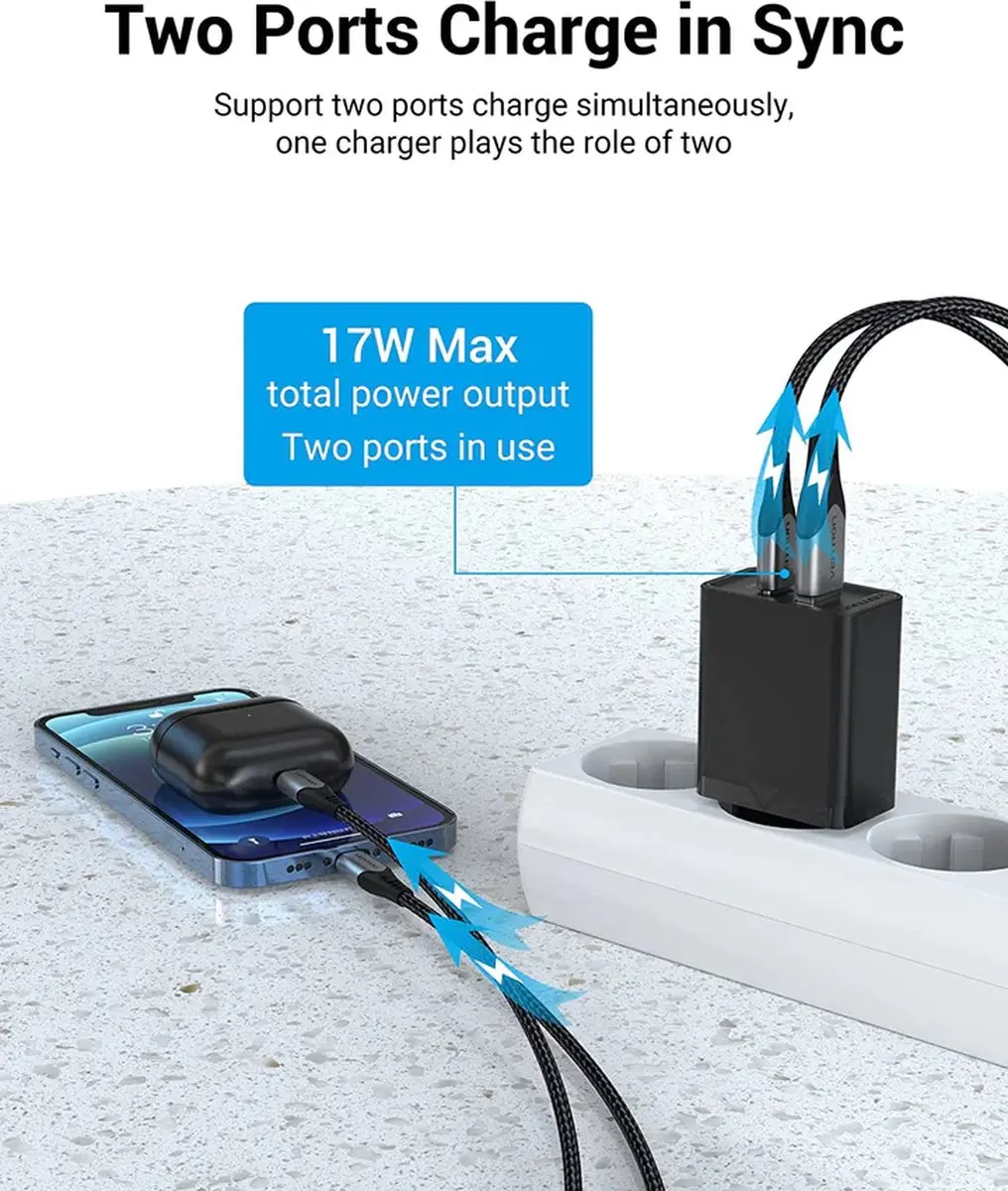 Vention FBBB0-EU Universele Oplader 20W - 2x USB - Zwart