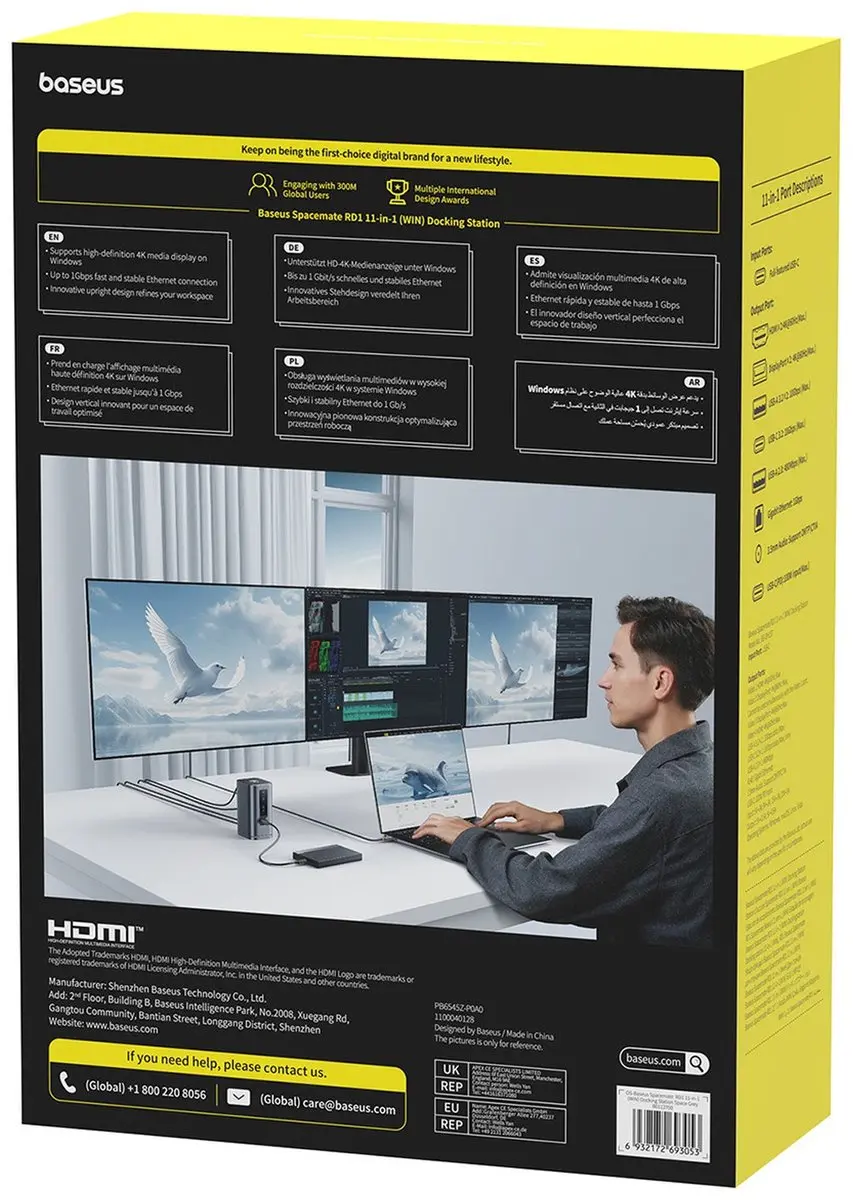 Baseus Hub 11-in-1 Dockingstation - 2x HDMI 4K, 2x DP, USB-C PD - Grijs