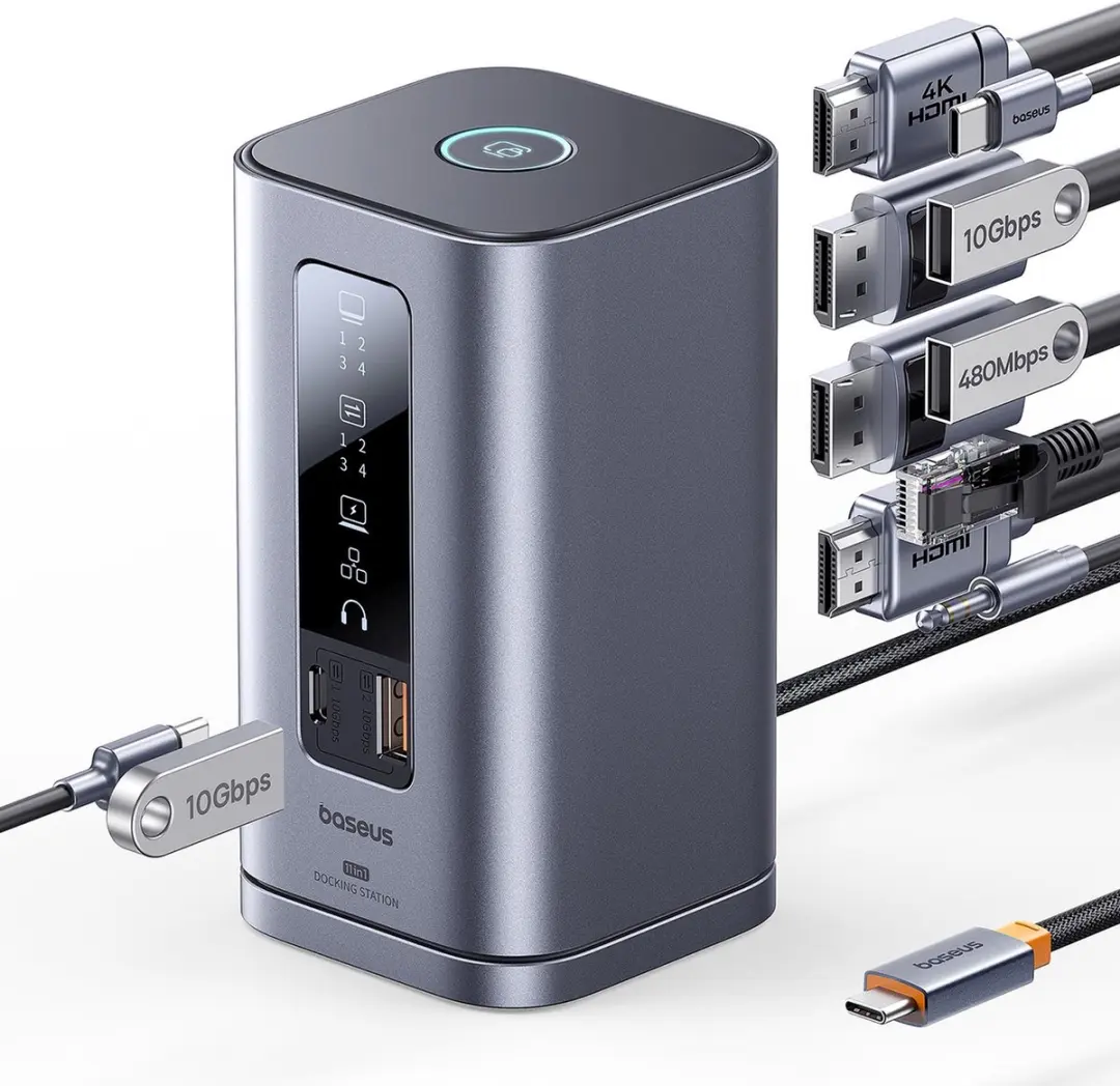 Baseus Hub 11-in-1 Dockingstation - 2x HDMI 4K, 2x DP, USB-C PD - Grijs