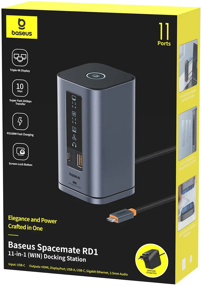 Baseus Hub 11-in-1 Dockingstation - 2x HDMI 4K, 2x DP, USB-C PD - Grijs