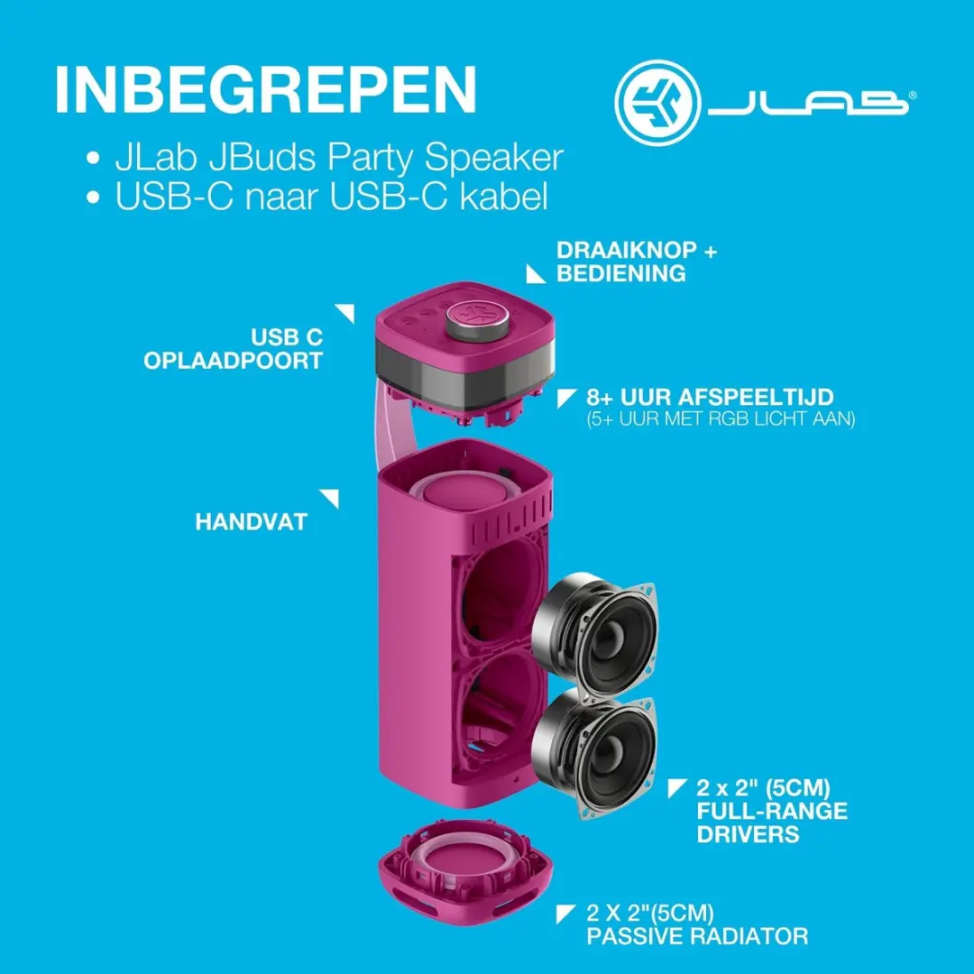 JLab Jbuds IEUSBJBUDSRMUL62 Draadloze Speaker - 30W - 12u Batterij - Roze - afbeelding 6 van 6