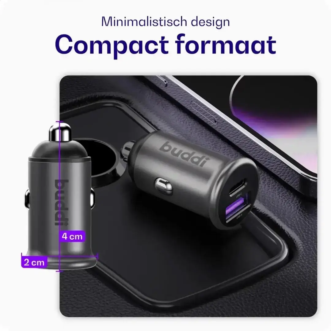 Buddi Power 45W Autolader - USB-C/Lightning Krulsnoer - 2x USB