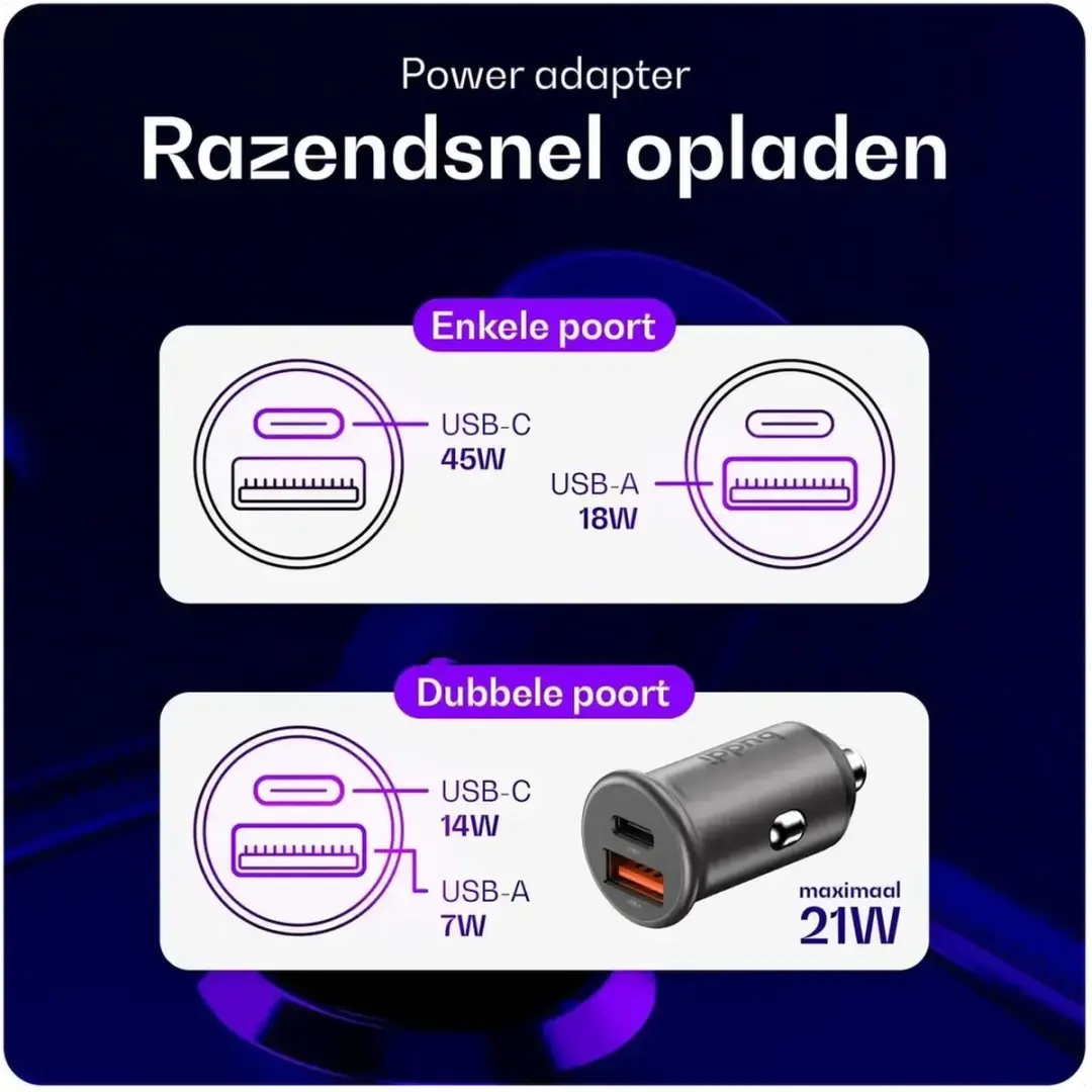 Buddi Power 45W Autolader - USB-C/Lightning Krulsnoer - 2x USB
