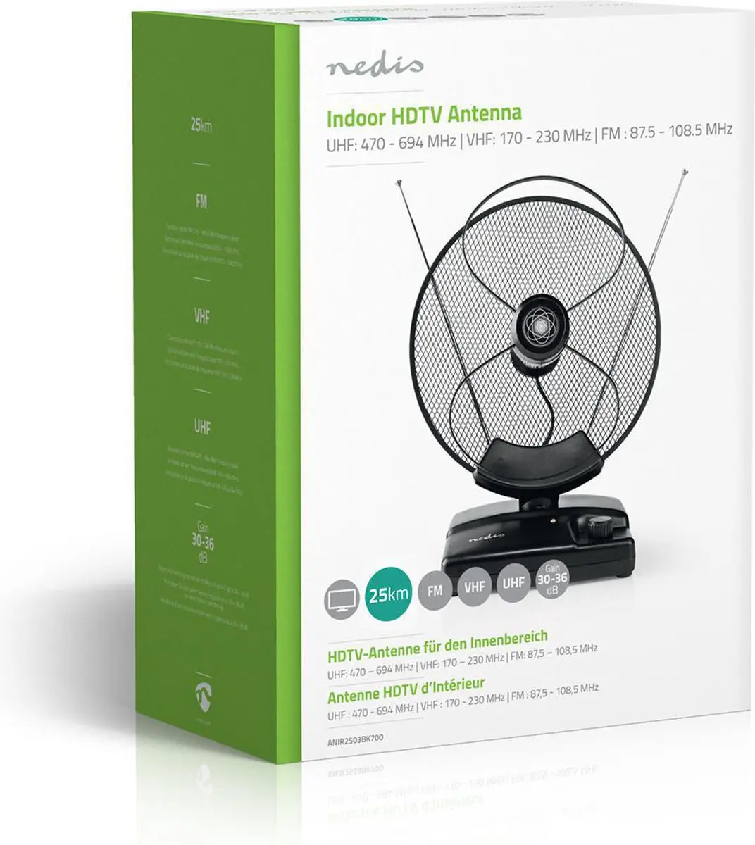 Nedis Binnenantenne ANIR2503BK700 - Actief FM/UHF/VHF - 36dB - Zwart