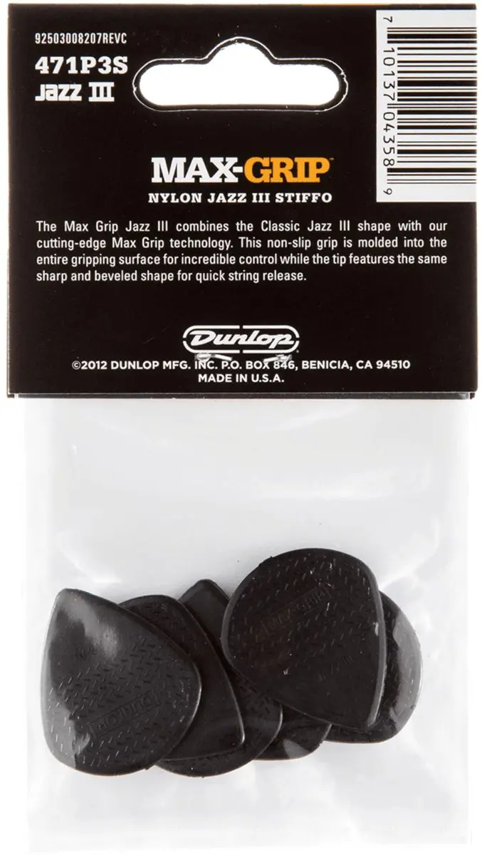 Dunlop Max Grip Nylon Jazz III Plectrum - 6 Stuks Zwart