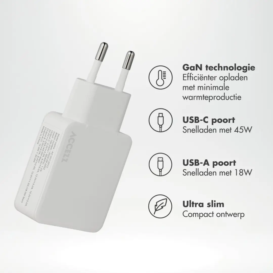 Accezz Ultra Slim GaN Oplader 45W - USB-C + USB-A - Wit