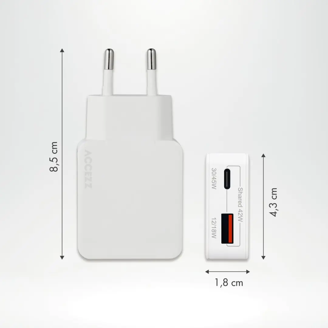 Accezz Ultra Slim GaN Oplader 45W - USB-C + USB-A - Wit