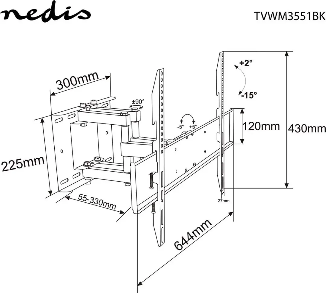 Nedis TVWM3551BK TV-Muurbeugel - Draai- en kantelbaar - 35 kg - Zwart