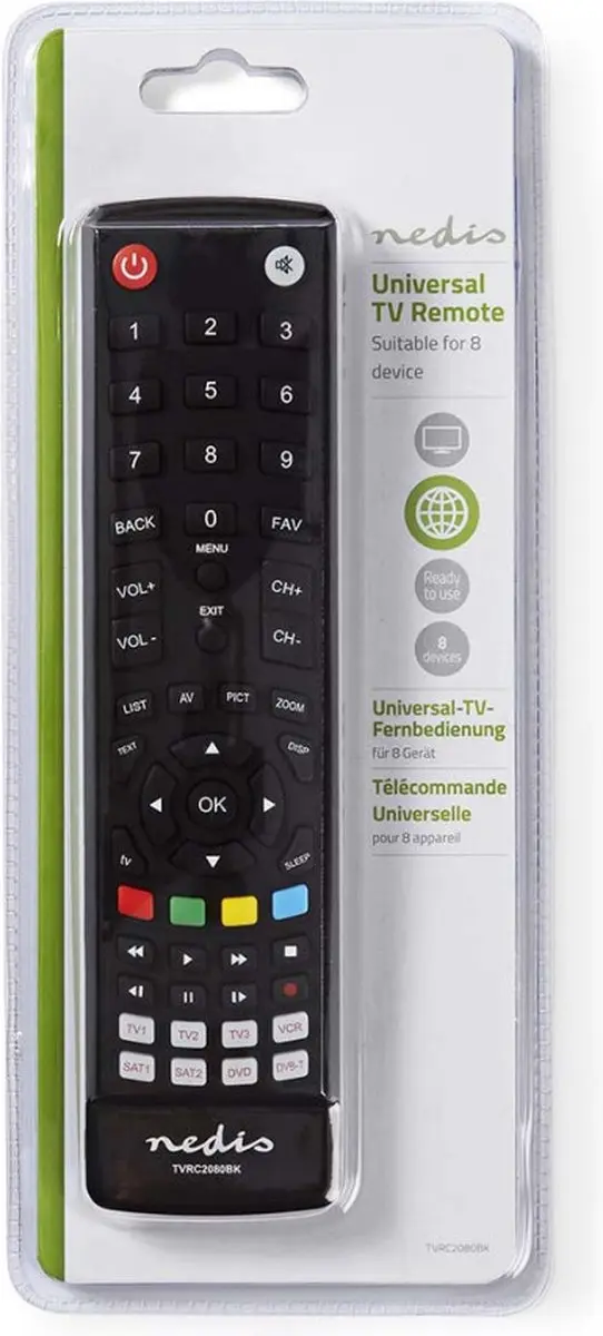 Nedis TVRC2080BK Universele Afstandsbediening - 8 Apparaten - Kleurenmix