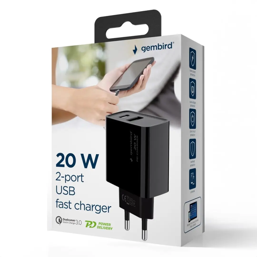 Gembird TA-UC-PDQC20-01-BK USB Snellader 20W - 2 Poorten Zwart