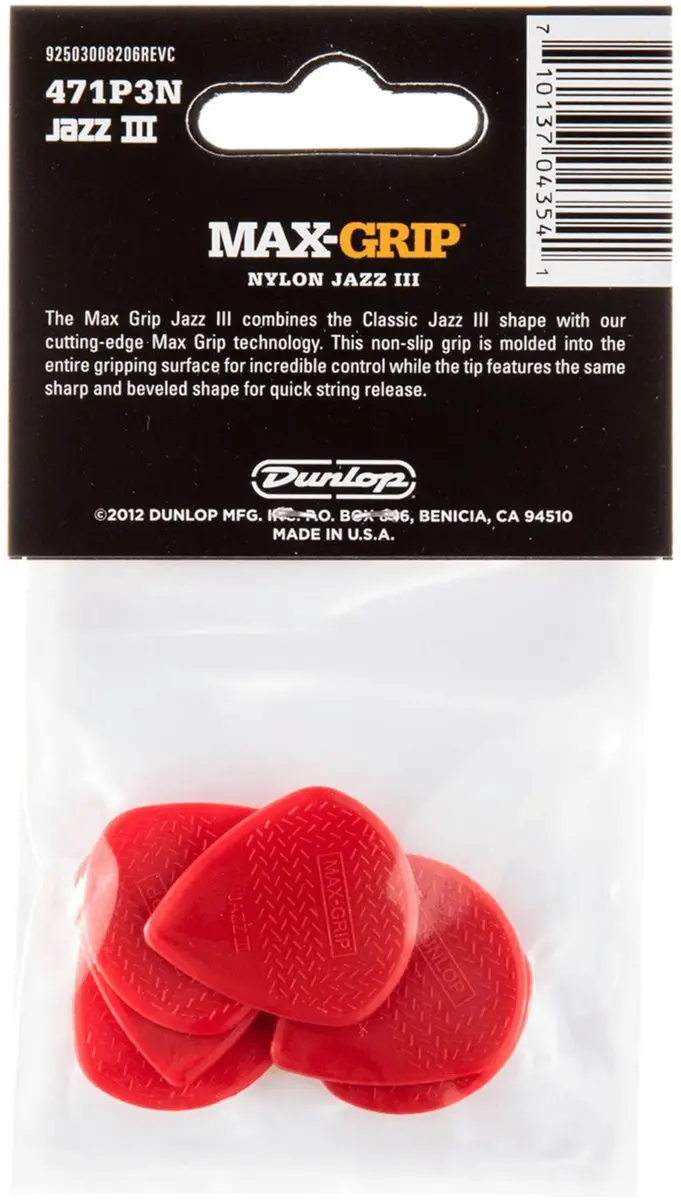 Dunlop Max Grip Nylon Jazz III Plectrum - 6 Stuks Rood