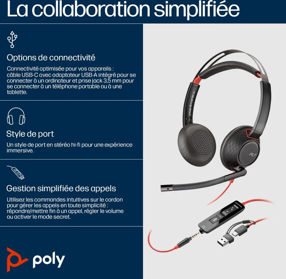 HP Poly Blackwire C5220 Headset - Noise Cancelling - Zwart