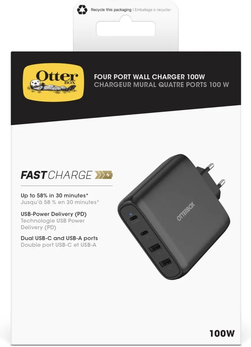 OtterBox GaN 78-81343 Oplader 100W - 4x USB (2xC/2xA) - Zwart