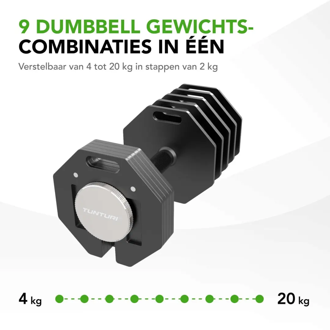 Tunturi Rapid Adjustable Dumbbell 20kg - Verstelbaar 4-20kg - 9 gewichten