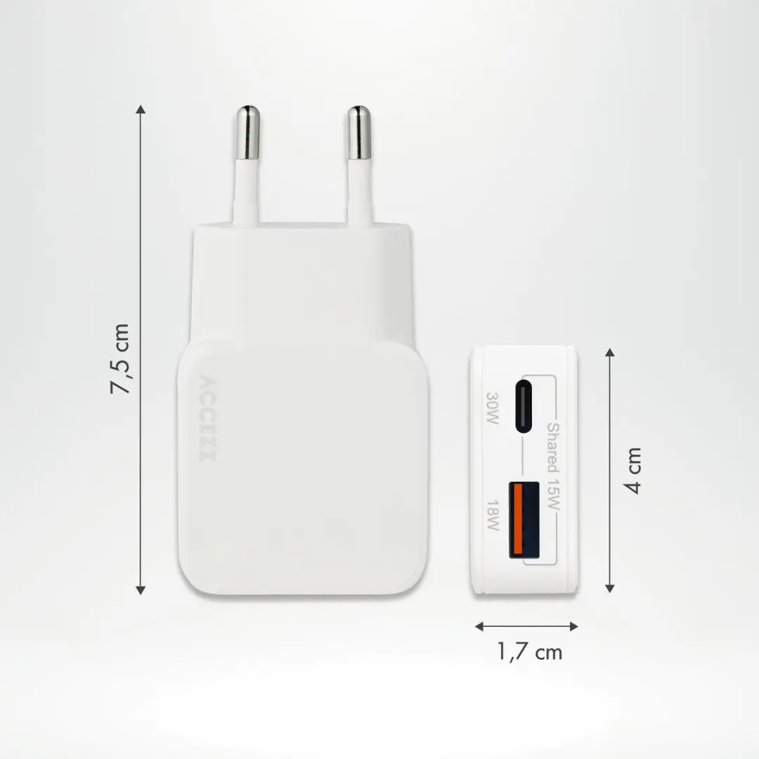 Accezz Ultra Slim GaN Oplader 30W - USB-C + USB-A - Wit