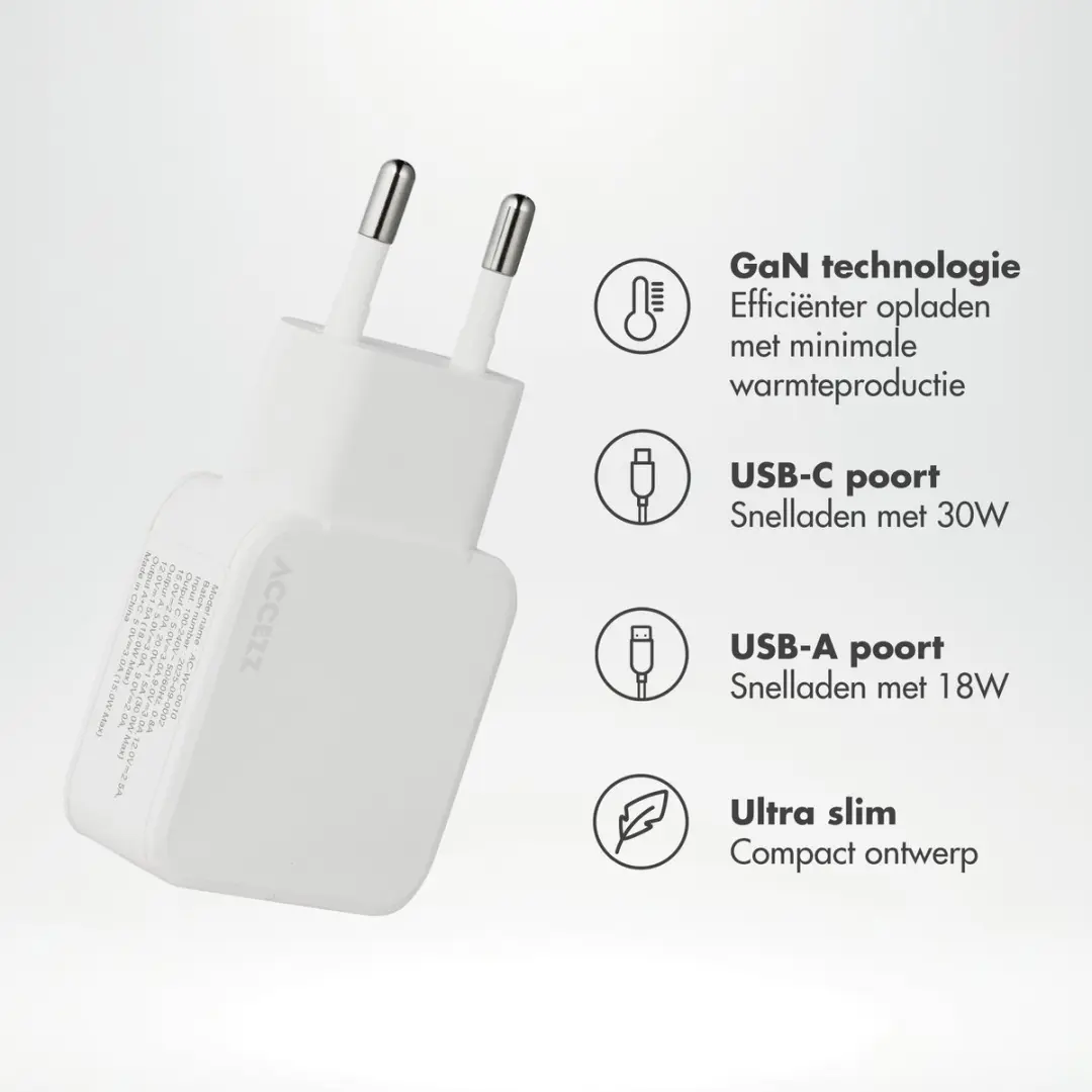 Accezz Ultra Slim GaN Oplader 30W - USB-C + USB-A - Wit