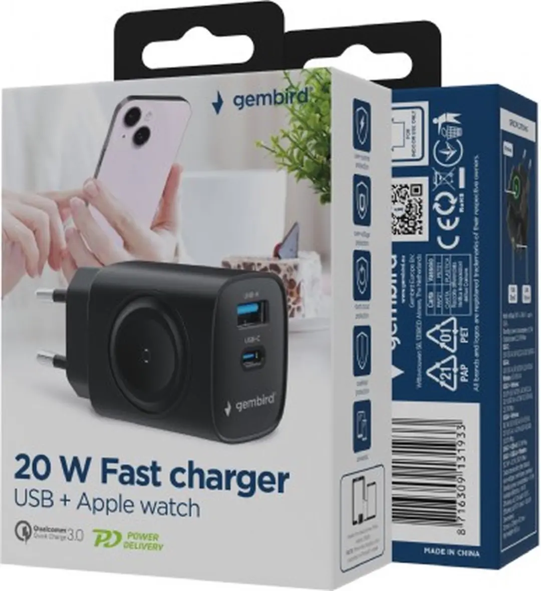 Gembird 2-in-1 Apple Watch Oplader 20W - USB-C PD/QC - 2 Poorten - Zwart - afbeelding 6 van 6