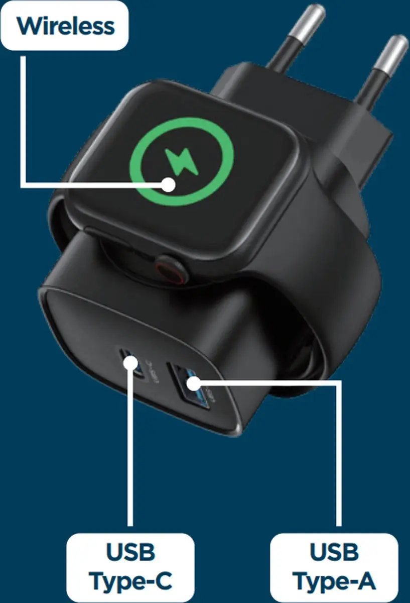 Gembird 2-in-1 Apple Watch Oplader 20W - USB-C PD/QC - 2 Poorten - Zwart