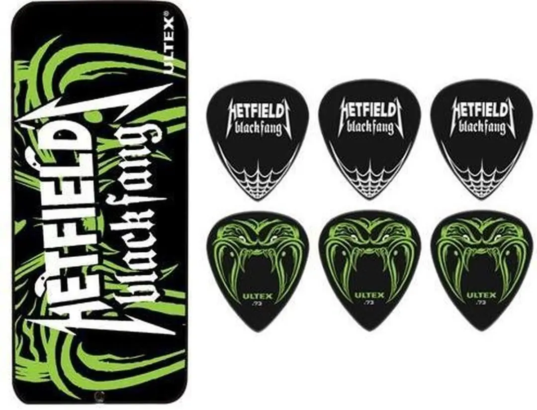 Dunlop James Hetfield Metallica Opbergblikje - 6x Black Fang Plectrums 0.73mm