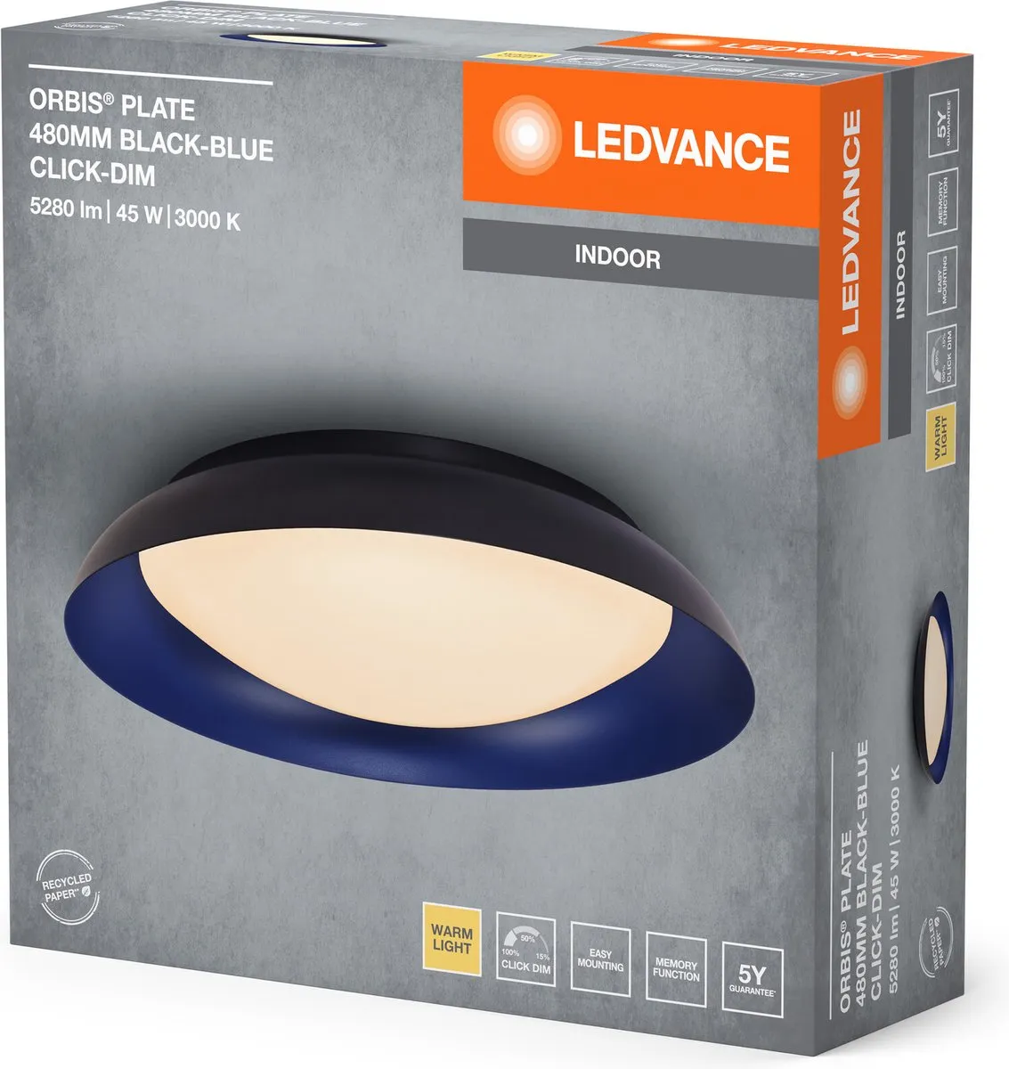 LEDVANCE Orbis Plate LED Plafondlamp 45W 2200lm - 480mm Zwart/Blauw