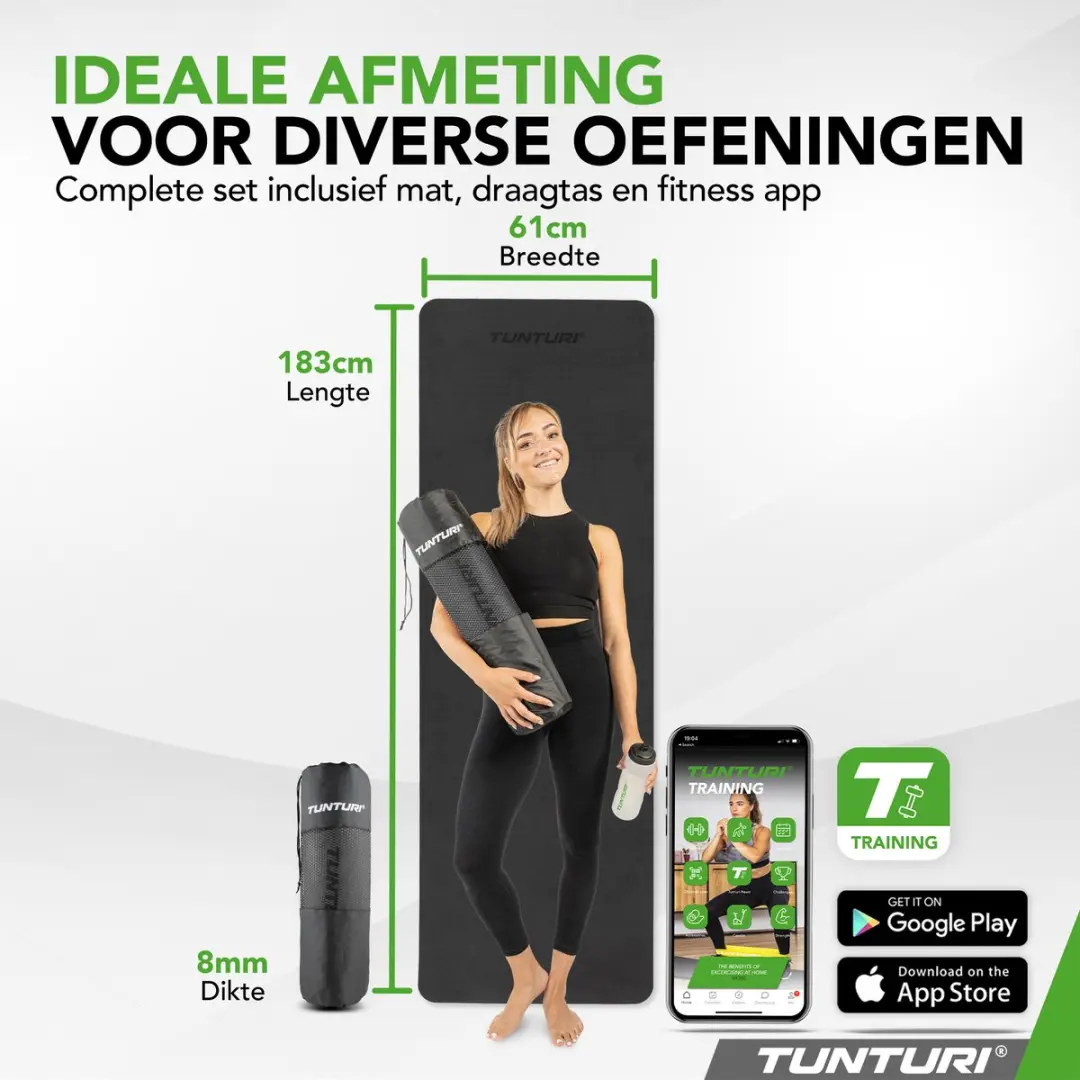 Tunturi Yoga Mat 8mm - 183x61cm - Zwart