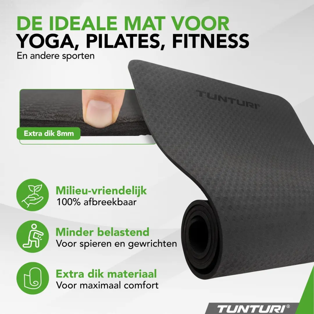 Tunturi Yoga Mat 8mm - 183x61cm - Zwart