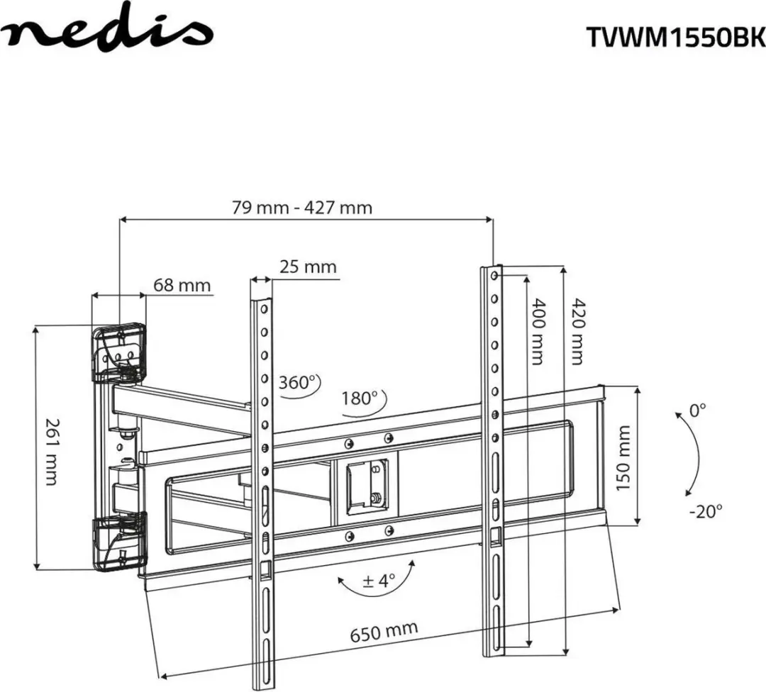 Nedis TVWM1550BK Draaibare Kantelbare TV-Muurbeugel - 25kg - Zwart