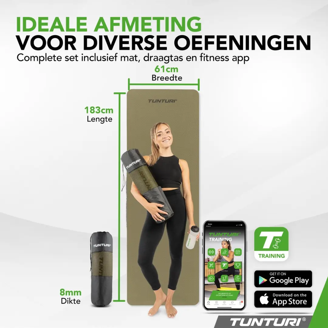Tunturi Yoga Mat 8mm - 183x61cm - Legergroen