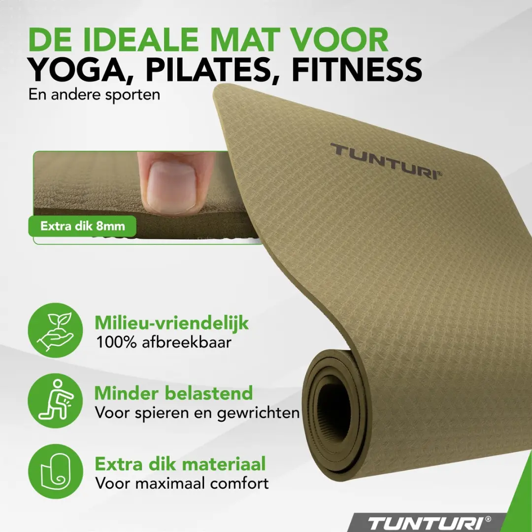 Tunturi Yoga Mat 8mm - 183x61cm - Legergroen