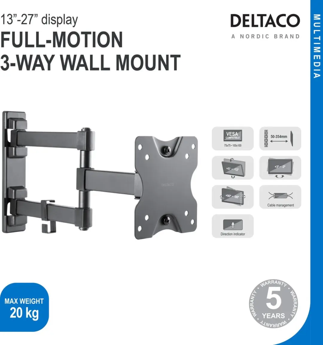 Deltaco ARM-1204 TV Beugel - Draaibaar 13-27" - 20kg - Zwart