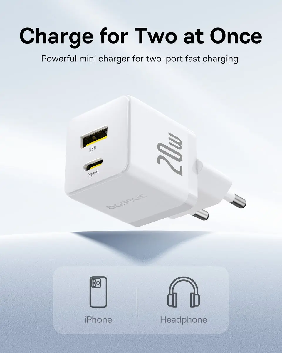Baseus P10111608213-01 USB-C Adapter 20W - 2 Poorten - Wit