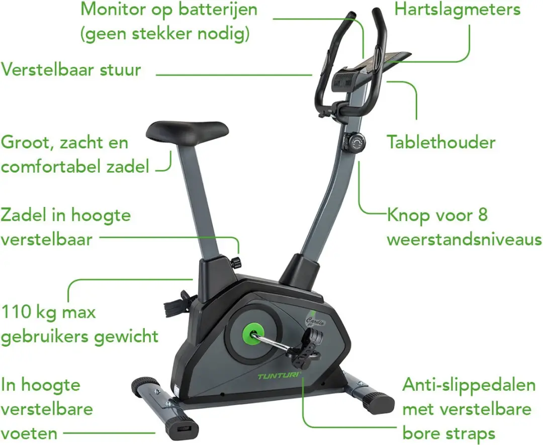 Tunturi Cardio Fit B35 Hometrainer - 8 Niveaus - Zwart/Groen/Grijs