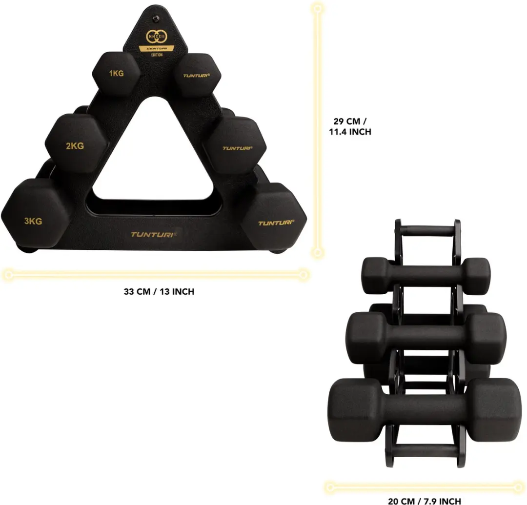 Tunturi Centuri Halterset - 3 Paar Neopreen Dumbbells 1-3kg - Zwart/Goud