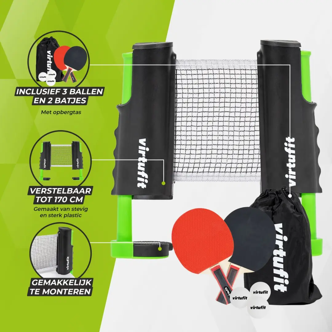 Virtufit Tafeltennisset - 2 Batjes 3 Ballen - Zwart