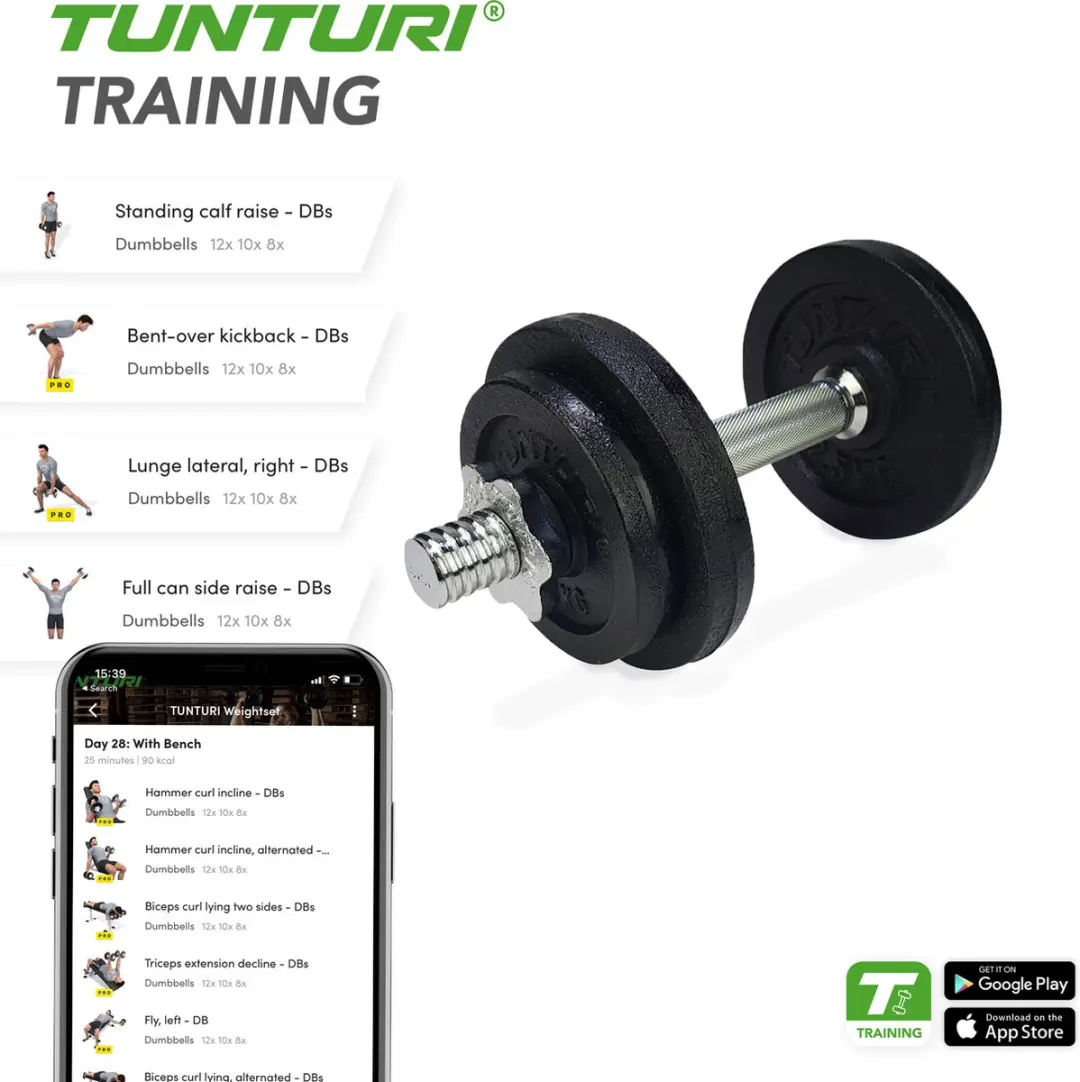 Tunturi Gietijzer Dumbbellset 20kg - 2x Halterstang 30mm - Zwart