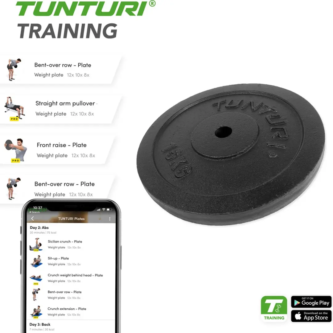 Tunturi Halterschijf 15 kg - Ø30mm - Gietijzer - Zwart
