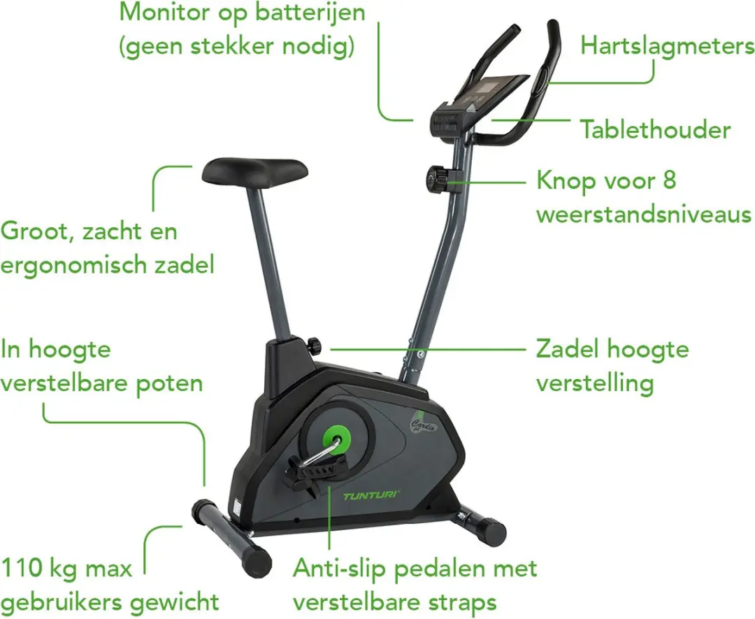 Tunturi Cardio Fit B30 Hometrainer - 8 Niveaus - Zwart/Groen/Grijs