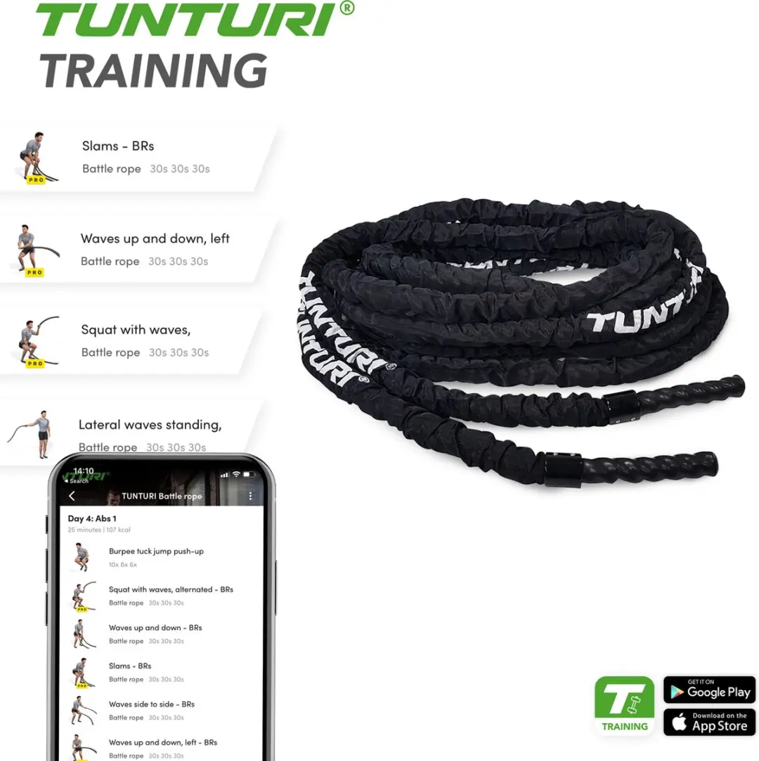 Tunturi Pro Battle Rope 15m - Canvas Bescherming - Zwart/Wit