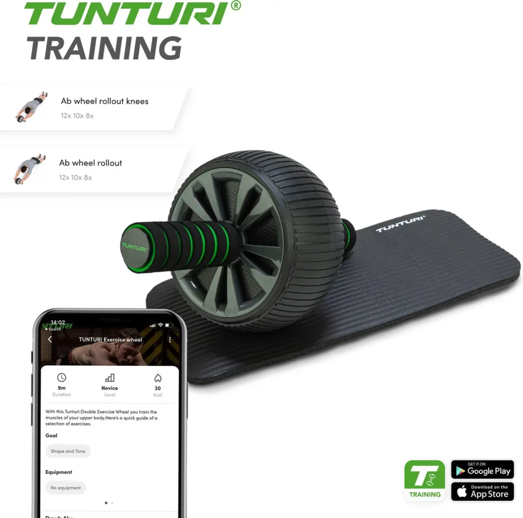 Tunturi AB Roller Buikspiertrainer - met NBR kniemat - Zwart/Groen