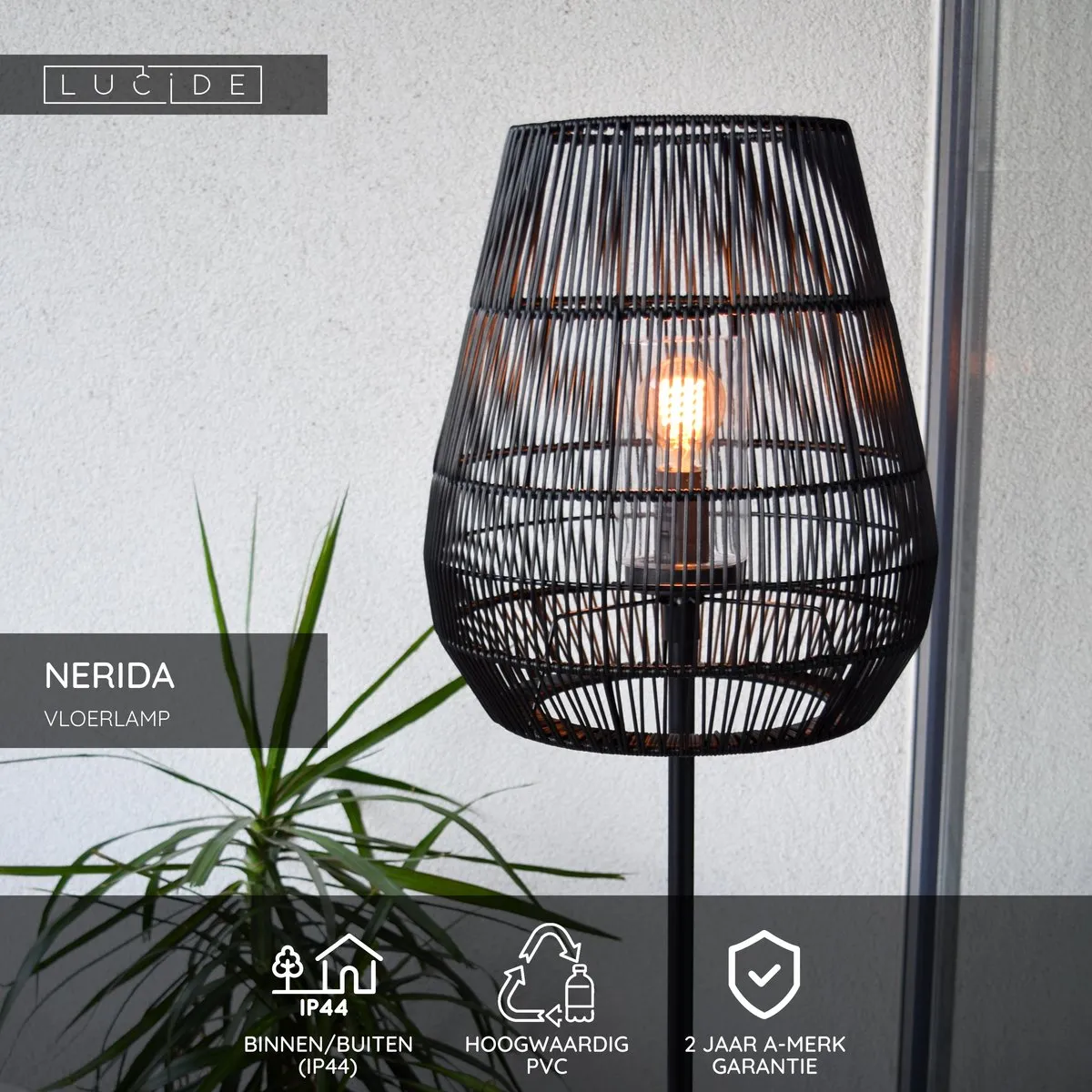 Lucide Nerida Vloerlamp Ø35cm - 1xE27 - IP44 - Zwart