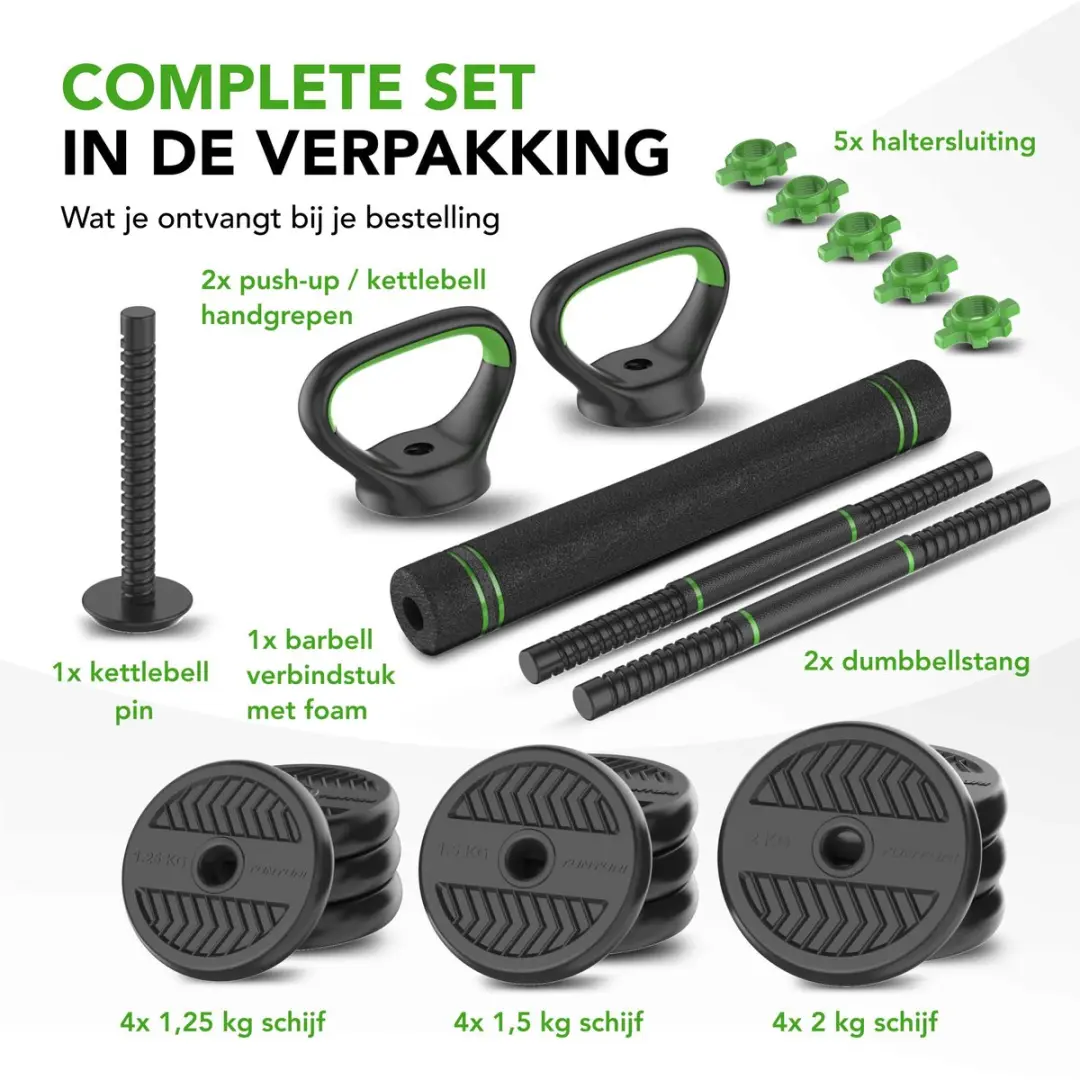 Tunturi Halterset Vinyl 20kg - Kettlebell & Barbell - Zwart/Groen