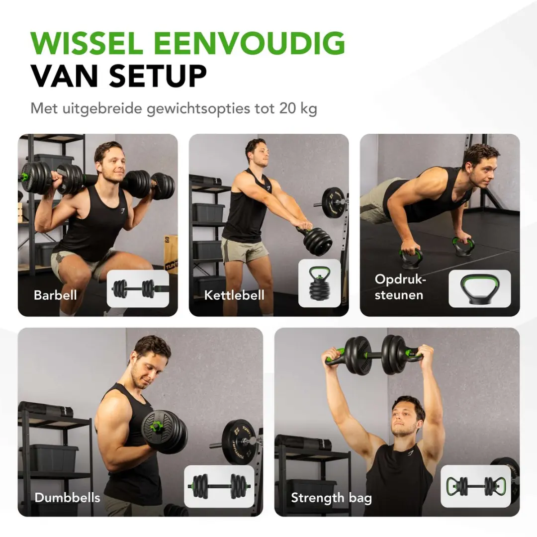 Tunturi Halterset Vinyl 20kg - Kettlebell & Barbell - Zwart/Groen