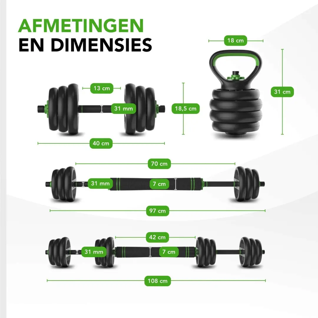 Tunturi Halterset Vinyl 20kg - Kettlebell & Barbell - Zwart/Groen